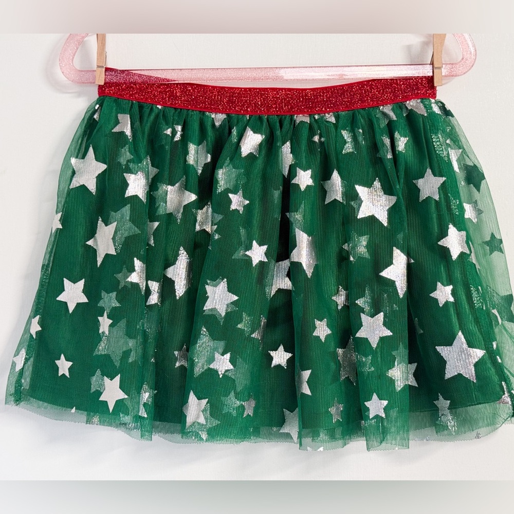 Holiday Time Girls Green Silver Star Tulle Skirt 7/8 Christmas